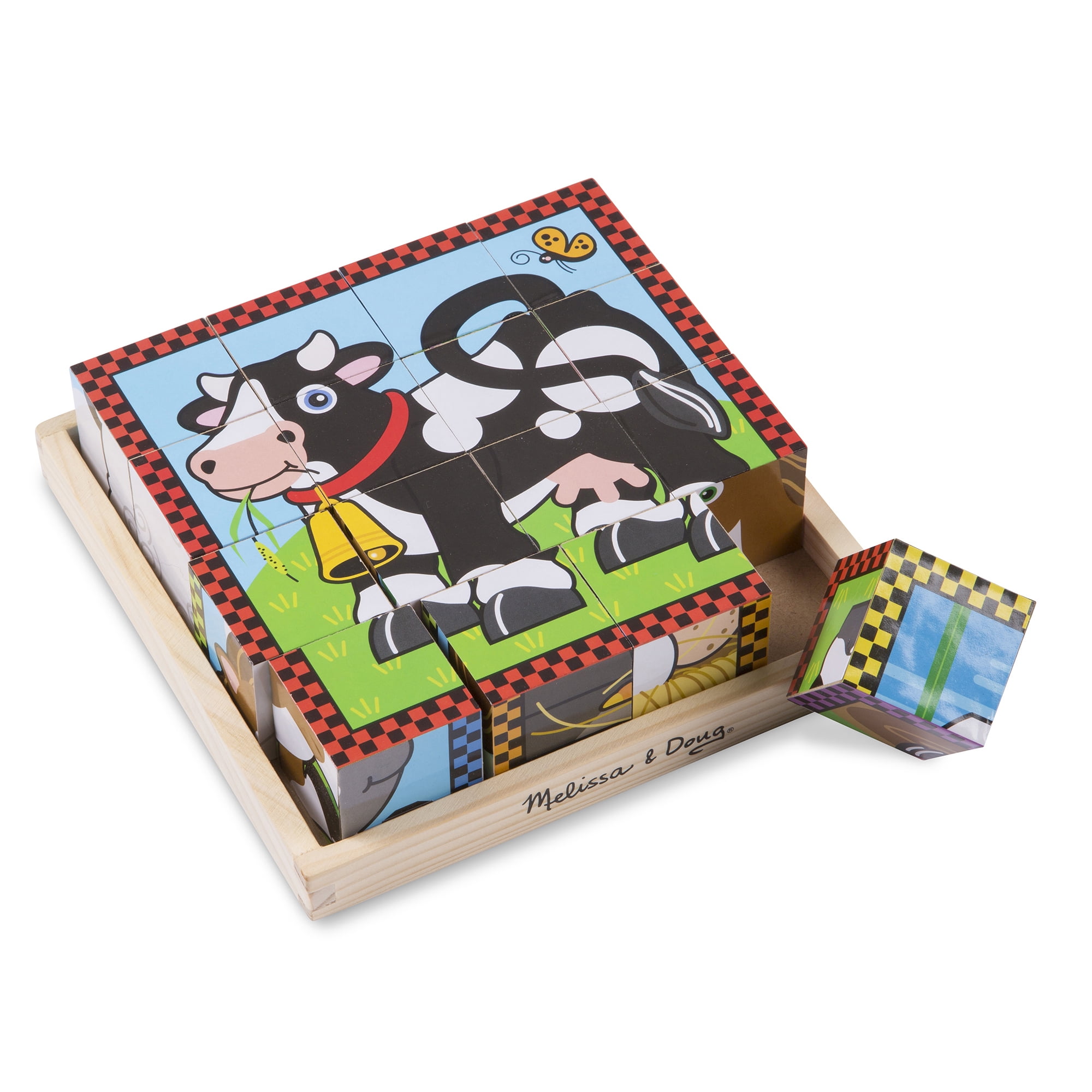 Melissa & Doug Farm Wooden Cube Puzzle With Storage Tray - 6 Puzzles in 1 (16 pcs) | FSC-Certified Materials