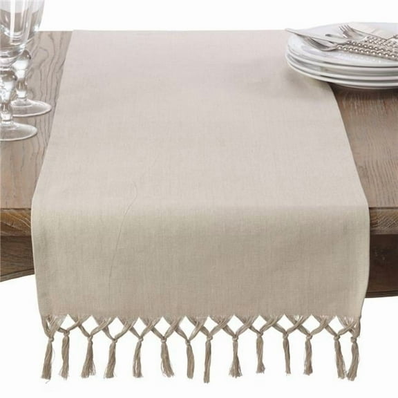 SARO  16 x 90 in. Oblong Knotted Tassel Design Table Runner  Natural