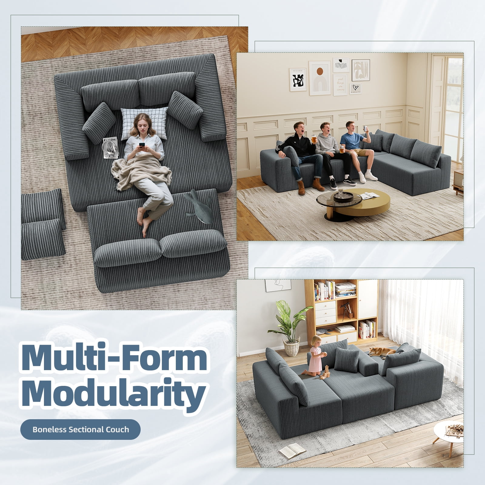 132''Modular Boneless Couches for Living Room, Corduroy Deep Seat Sofa with 2 Chaise Lounges and 1 Loveseat