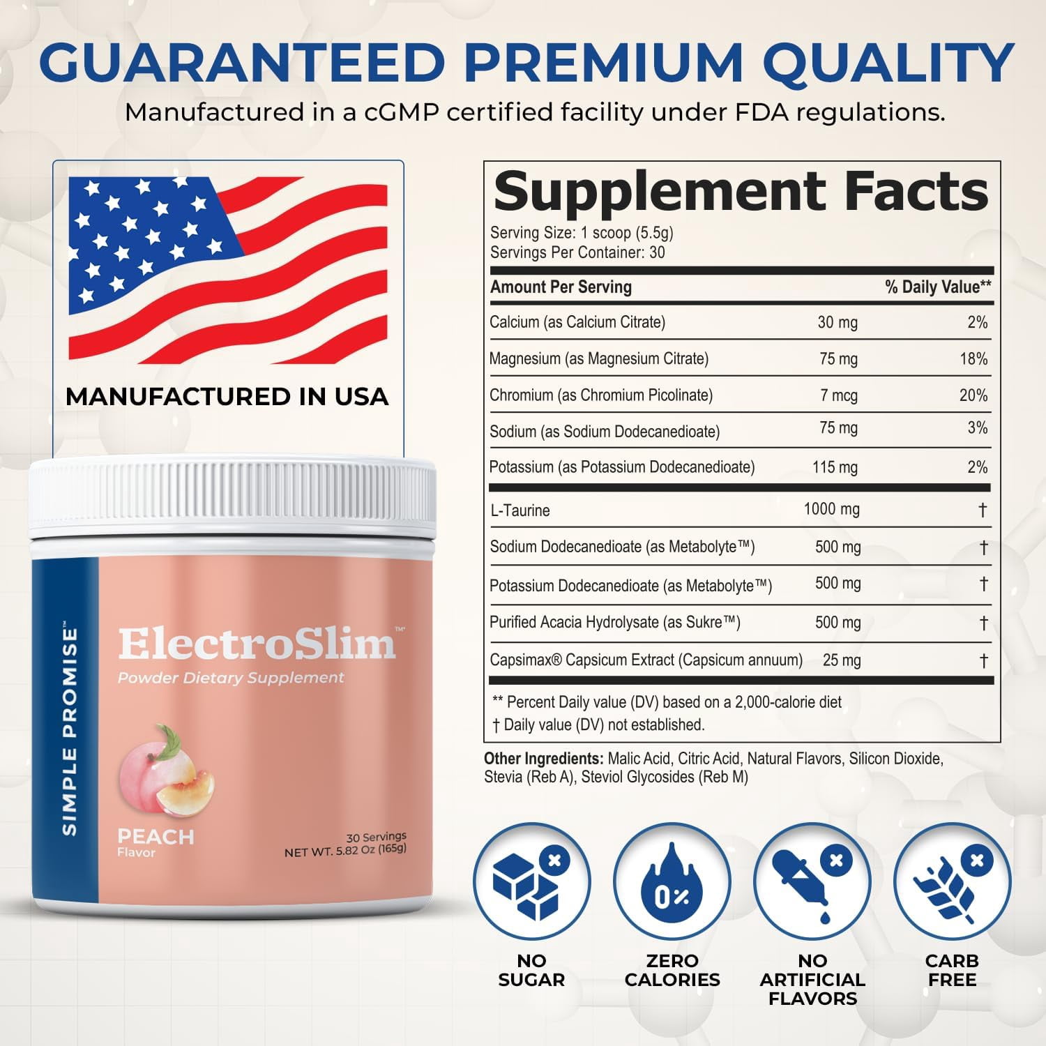 Simple Promise ElectroSlim - Sugar-Free Keto Electrolytes Powder -  No Sugar Formula for Daily Energy Support and  Hydration, Low Sodium Organic Electrolytes Powder,   - 30 Servings, Peach Flavor