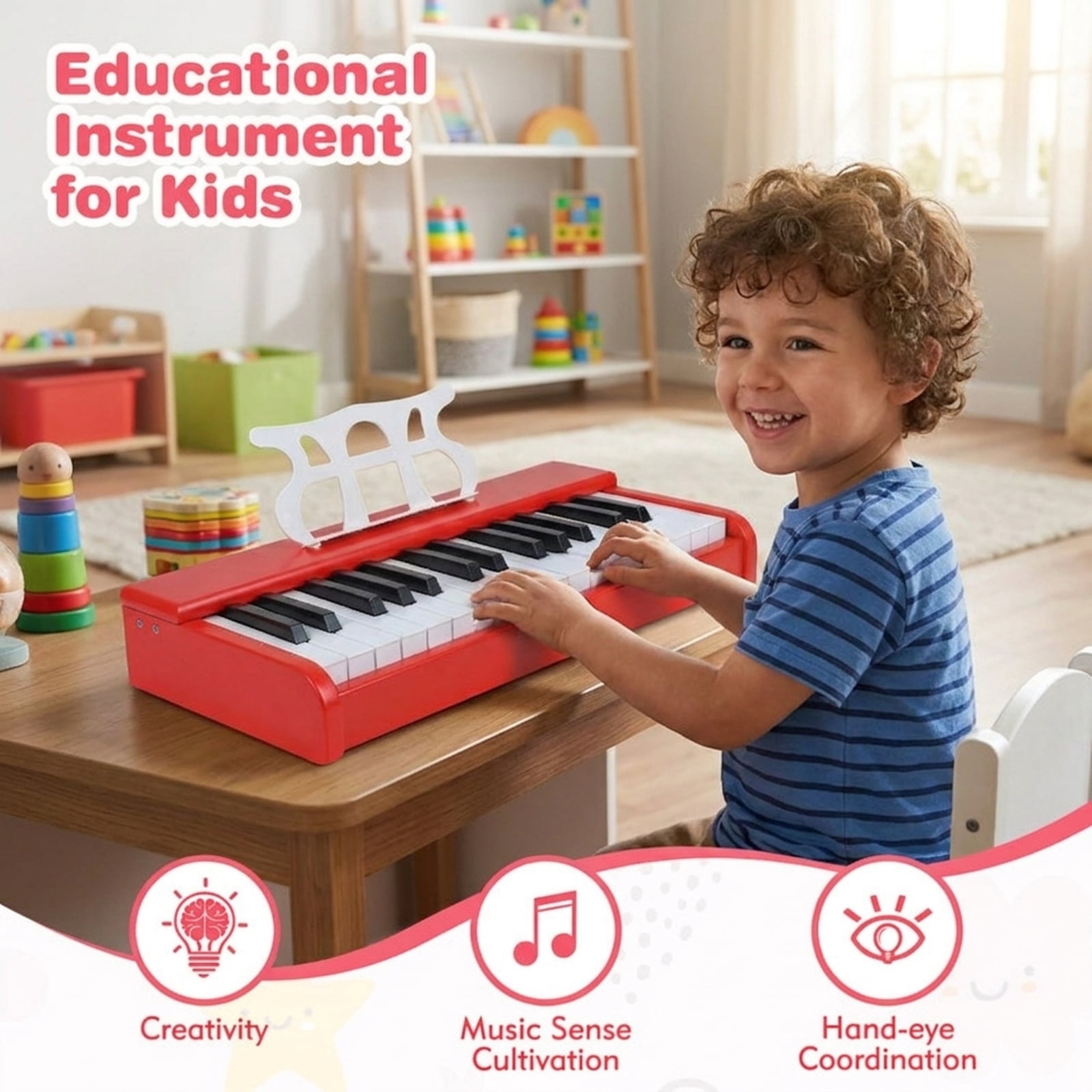 Redsmile 30-Key Kids Piano Keyboard with Music Stand and One-Key Learning for Toddlers and Beginners to Play Their First Songs, Red