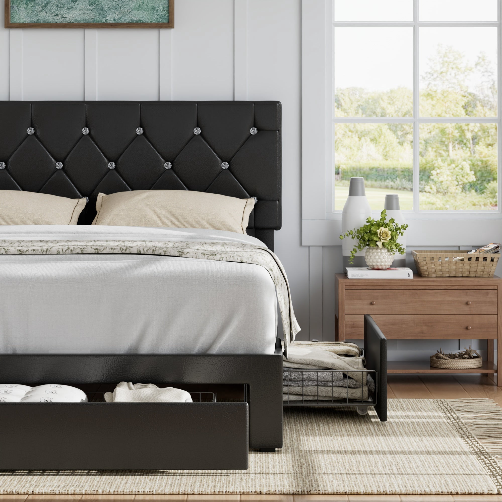 VECELO Full Size Upholstered Bed Frame with 3 Drawers & Adjustable Headboard, Under Bed Storage, Black