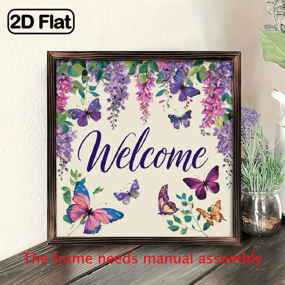 1pc Flowers Butterflies Welcome Wooden Wall Art - 8x8 Inch Inspirational Home Decor with Purple Butterflies, Artificial Wood Sign for Living Room, Bedroom, Office, Kitchen, Bar, Restaurant, Boho D