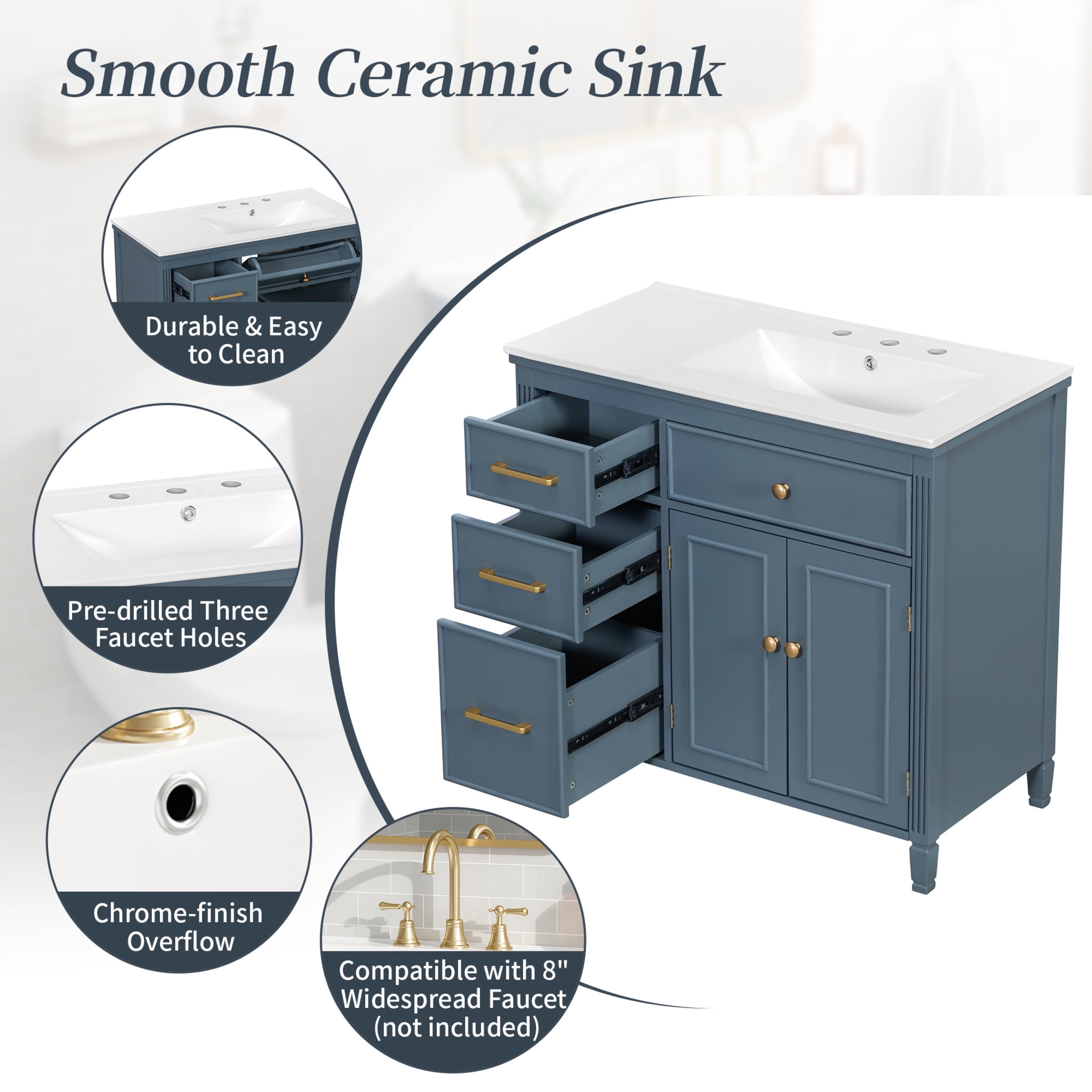 Christopher Knight Home 36" Bathroom Vanity with Ceramic Sink, Adjustable Shelf, Gray Blue