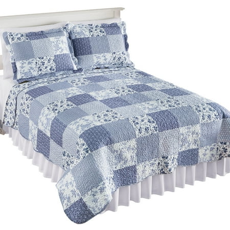 Floral Scallop - Reversible Willow Floral Check Patchwork Bedding Quilt with Scalloped Edges, Twin, Blue