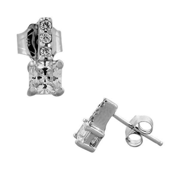 925 Sterling Silver White Princess-Cut Round CZ Womens Small Stud Earrings