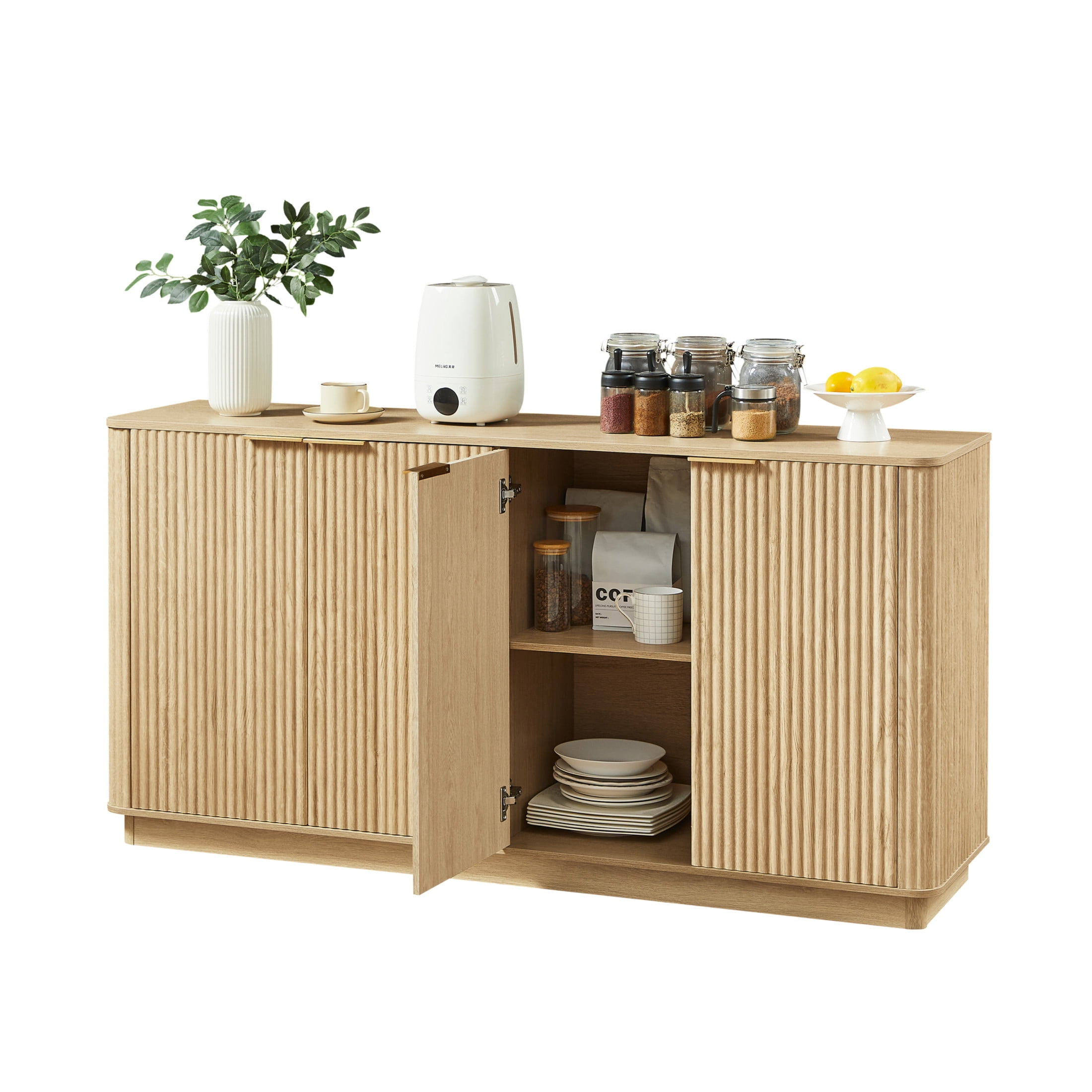 Noble House Illis 63" Modern Buffet Cabinet, Vertical Stripe Sideboard with Curved Wave Design and TV Stand, Oak