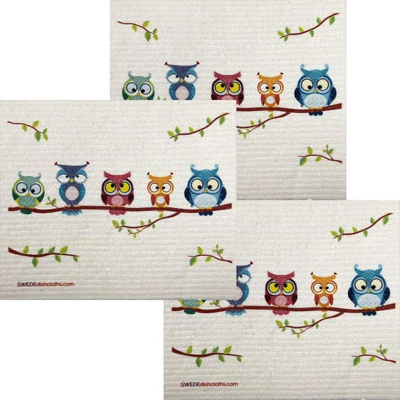 Owl Friends Set of 3 Each Swedish Dishcloths ECO Friendly Absorbent Cleaning Cloth Reusable Cleaning Wipes