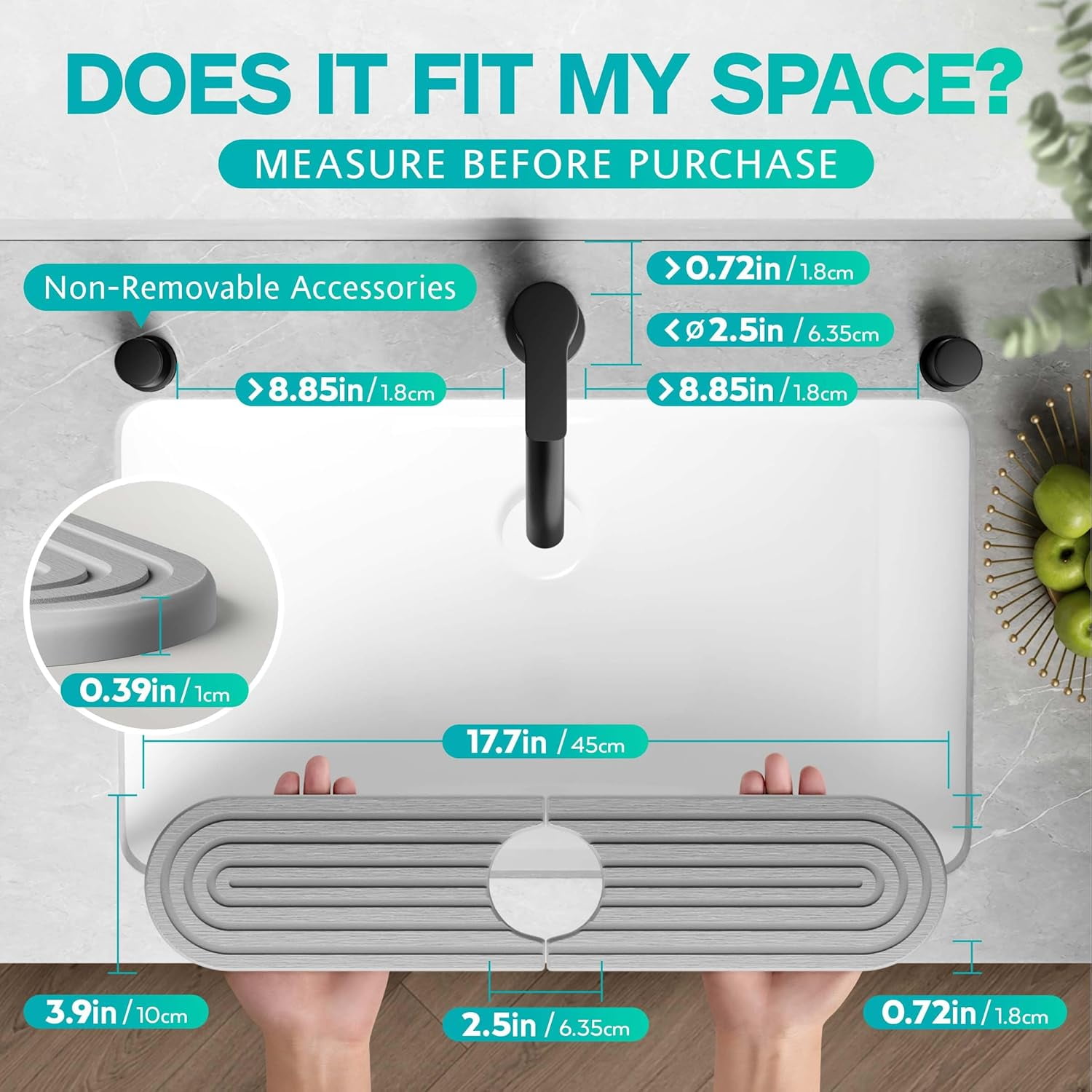 Stone Faucet Mat for Kitchen Sink – Diatomite Fast-Drying Stone Tray, Faucet Mat Sink Splash Guard, Decorative Sink Protector for Kitchen Bathroom Counter [Gray, 17.7''x3.9'']
