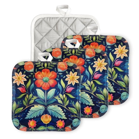 Heat Resistant Hot Pads 4 Pack Beautiful Colorful Folk Art Floral Pattern On Dark Blue Background Square Pot Holder For Kitchen Cooking Oven And Bbq Grill With Hanging Loop Potholder Machine Washable