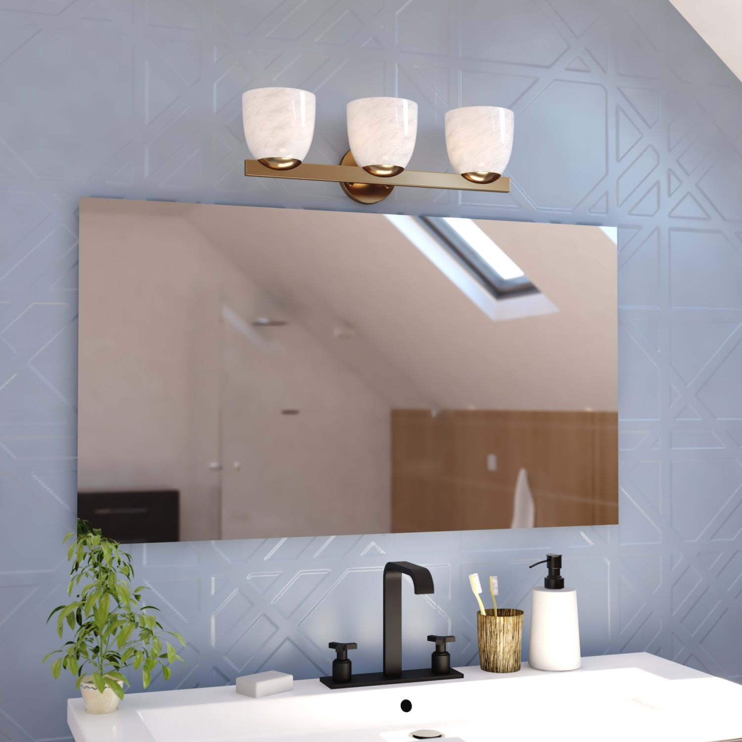 VAXCEL Bosworth 3-Light 22 in. Wide Muted Brass Gold Contemporary Bathroom Vanity Lighting Fixture, Alabaster Glass Shade, Dimmable, Reversible Over the Mirror Mounted Steel Wall Sconce