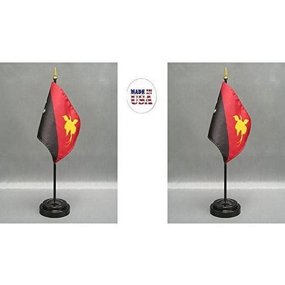 Made in The USA. 2 Papua New Guinea Rayon 4"x6" Miniature Office Desk & Little Hand Waving Table Flags Includes 2 Flag Stands & 2 Small Mini Papua New Guinean Stick Flags