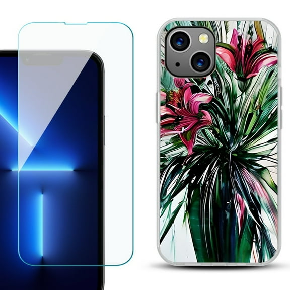 OneToughShield ® for iPhone 15 Fashion Phone Case, with Tempered Glass Screen Protector - Lily