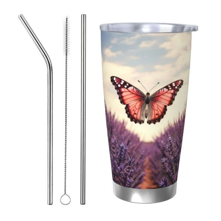 

Logiee Butterfly Over Lavender Print 20OZ Car Cup with Lid Stainless Steel Vacuum Insulated Double Wall Travel Tumbler Durable Insulated Coffee Mug Thermal Cup with Straw-Straw Three-piece Set