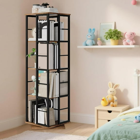 Takywep, Brown, 4 Shelf Bookcase, 360 Degree Rotating Bookcase, Square Storage Organizer, 16 Compartment Rack, Modern Display, Metal Frame, Vertical Corner Shelf, Space Saving