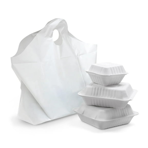 2500 Pack Wave Handle Take-Out Food Bags 18" L, 16" H, 9 x 9 Bottom Size. White Color. Plastic Merchandise Bags, Retail Shopping Goodie Plastic Bags, 18" x 16" 9 x 9 BG. with Handles.