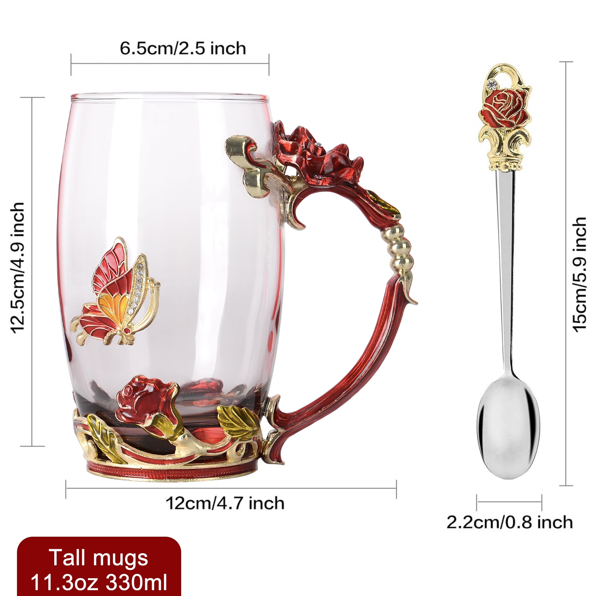 Glass Coffee Cup Tea Mug & Gifts with Spoon Set Handmade Enamel Butterfly Rose Flower for Mothers Day Gift, Women (2 Red Pack)