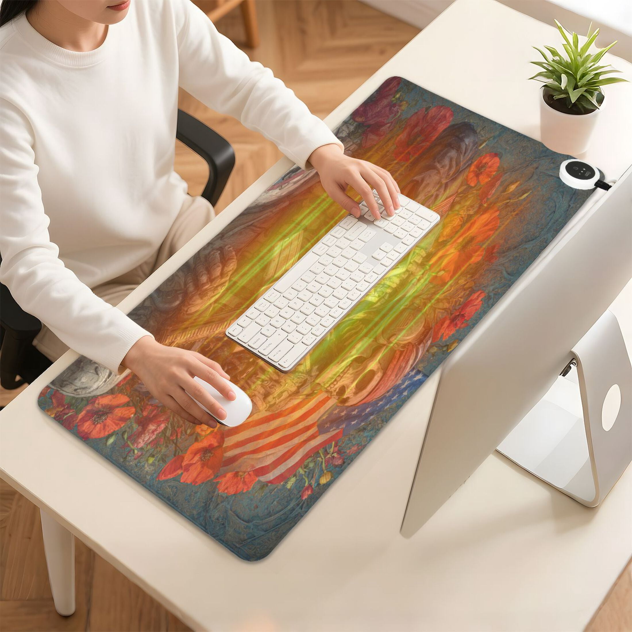 Large Heated Desk Mat Mouse Pad 31.5"x13"PU Leather Graphene Heating Desk Warmer with 3 Temperature Settings 110V US Plug Non-Slip Warm Pad for Home, Office, and Gaming Soldier Skull and Flowers