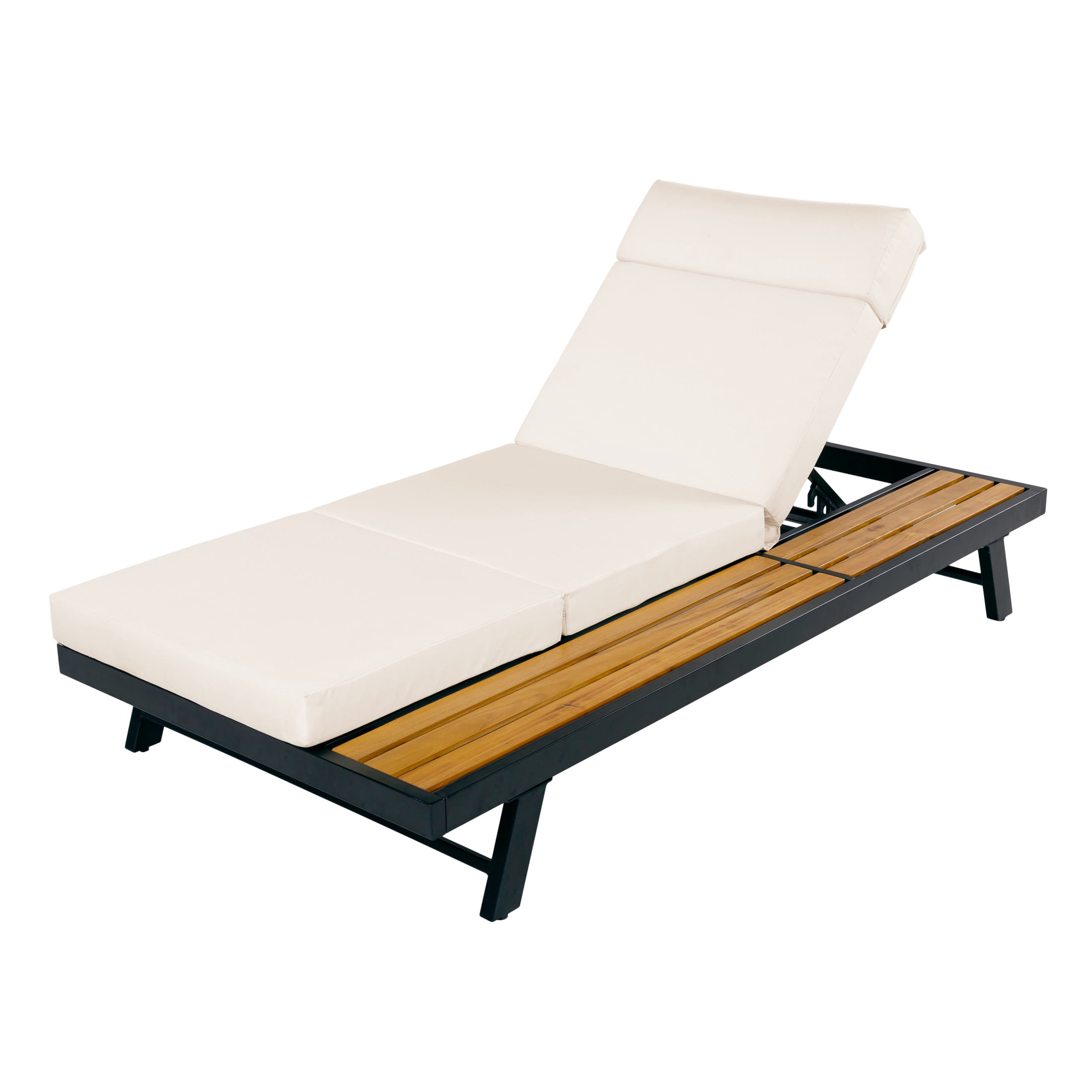 Christopher Knight Home Adjustable Outdoor Chaise Lounge with Headrest Cushion, Iron Frame and Wood Side Shelf, Black+Cream