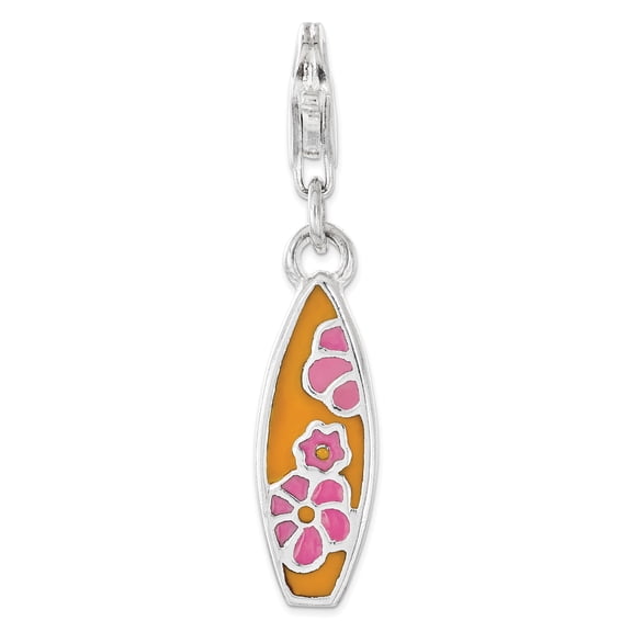 Amore La Vita  Sterling Silver Rhodium-plated Polished Enameled Surf Board with Flowers Lobster Clasp Charm