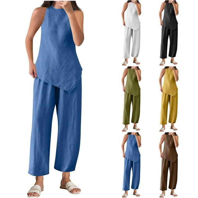 Sentmoon Summer Two Piece Sets for Women Sleeveless Crew Neck Tshirts High Waist Sweatpants with Pockets Relaxed Solid Color Going out Tops for Vacation S