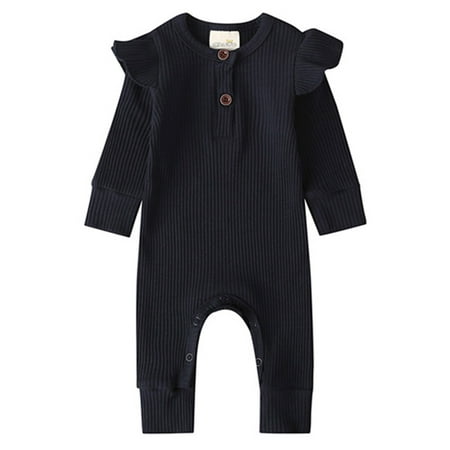 

Canrulo Infant Kids Baby Girl Boy Solid Color Long Ruffle Sleeve O-Neck Ribbed Jumpsuit Navy Blue 12-18 Months