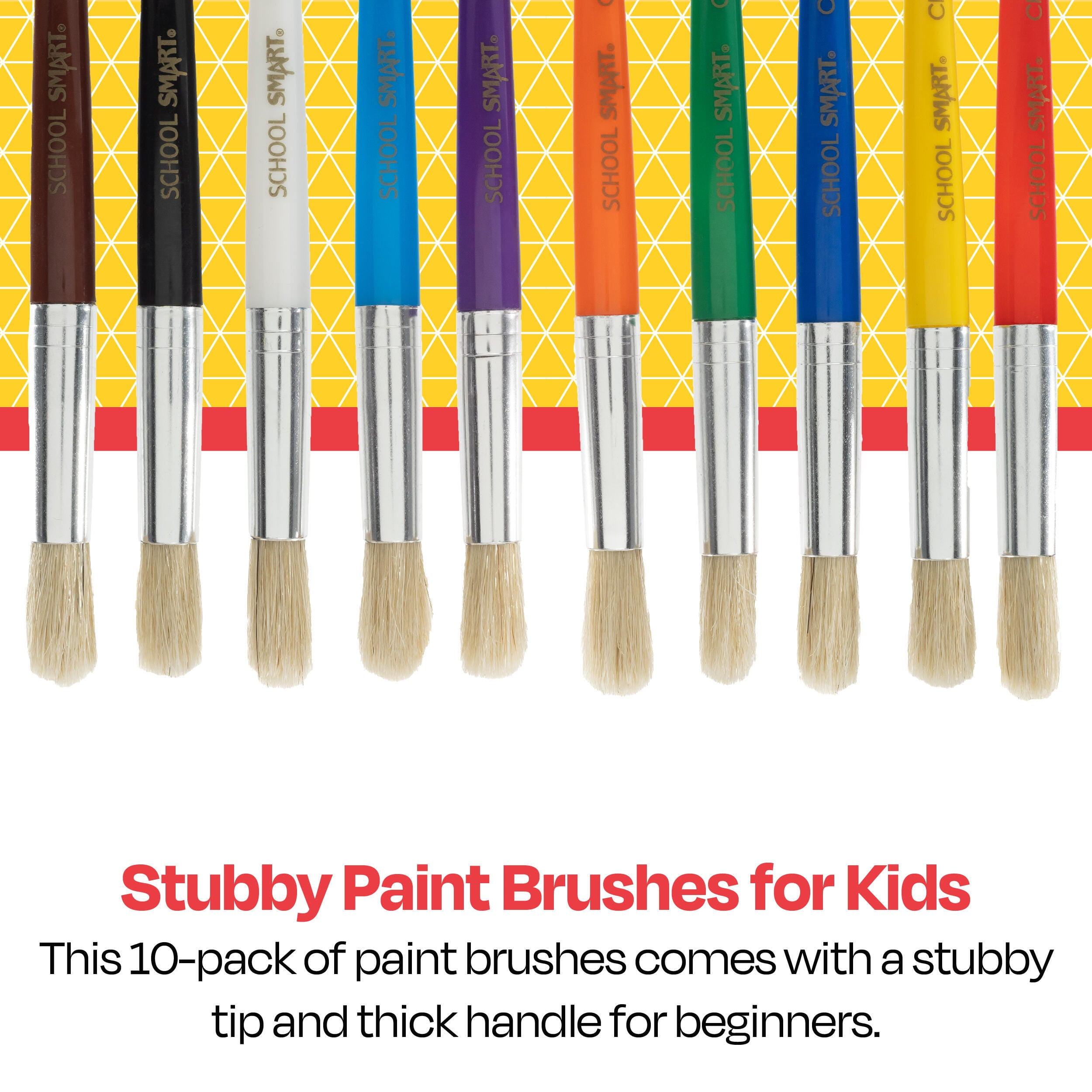 School Smart Non-Toxic Stubby Plastic Handle Paint Brush Pack, 7-1/2 in, Assorted Color, Pack of 10