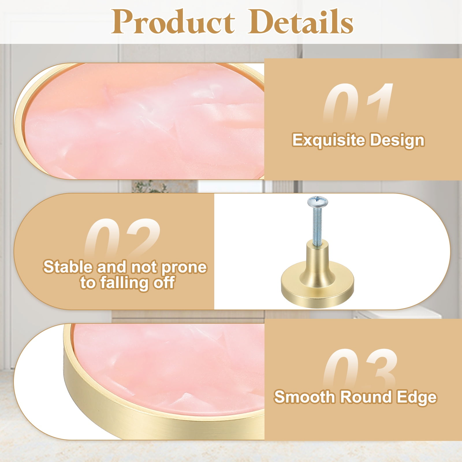 6Pack Gold Cabinet Knobs 1-1/4" Round Knobs Cabinet Handles, Pink