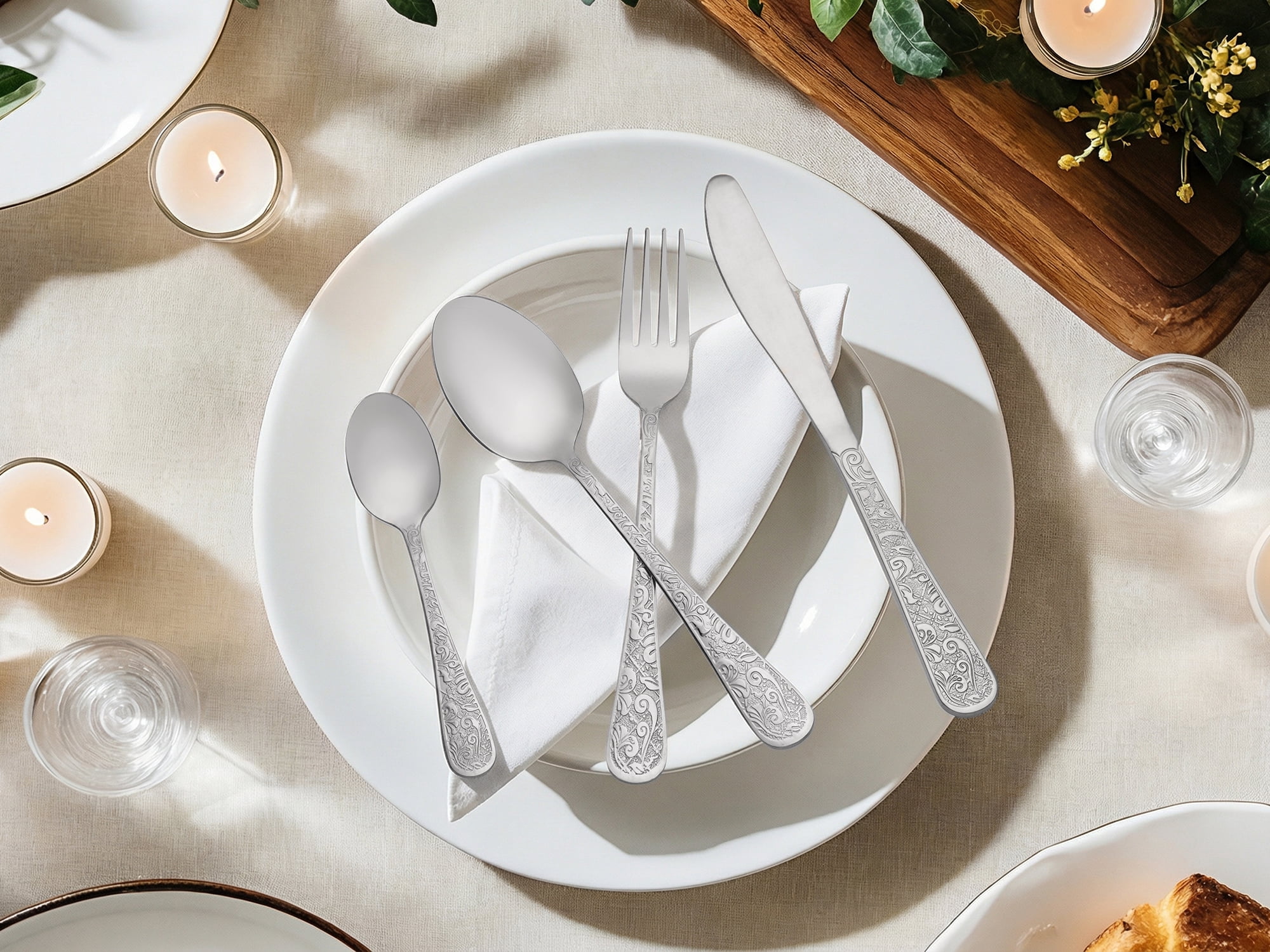 Unique Bargains 4 Piece Stainless Steel Floral Flatware Set Silver 4