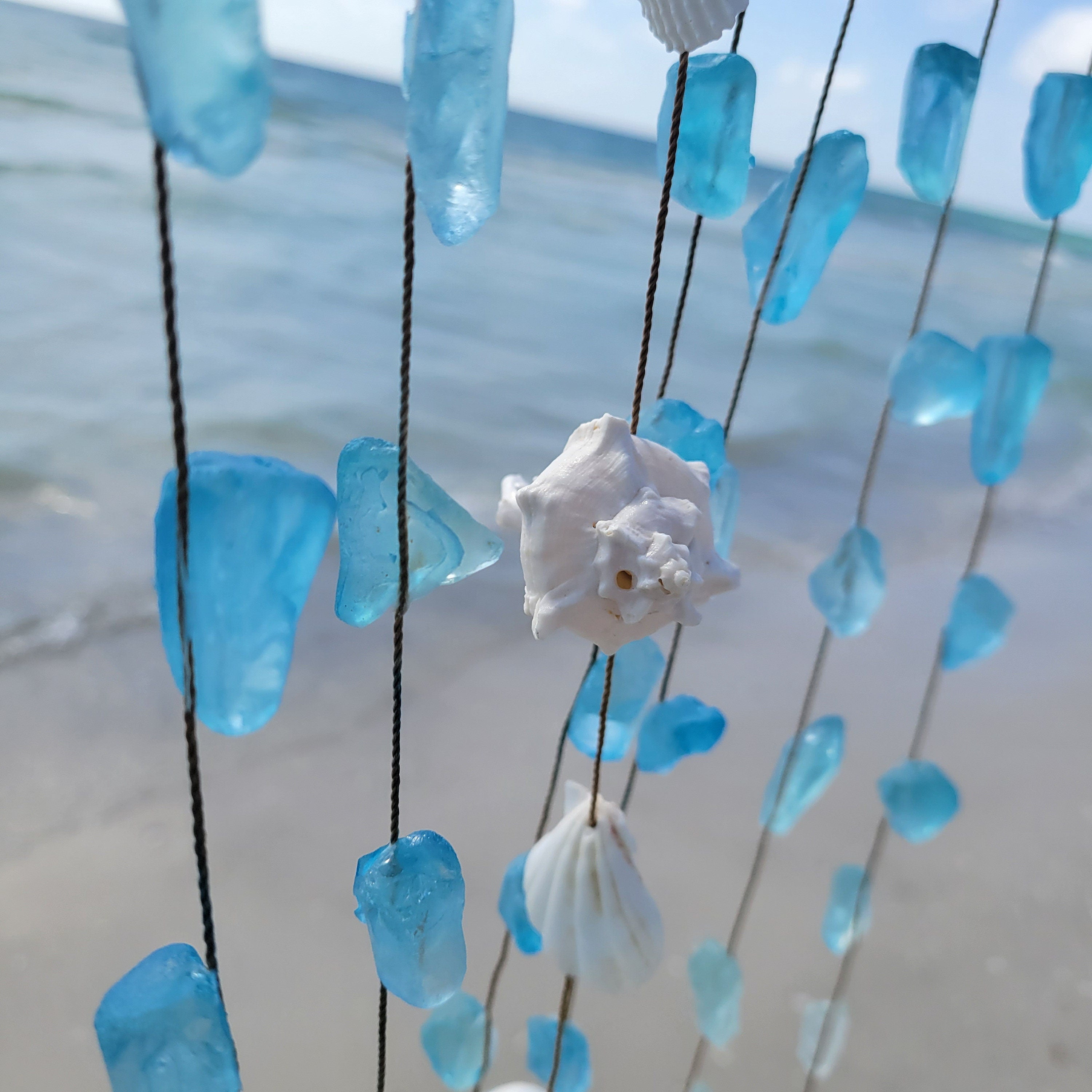 Blue Sea Glass Hanging Wind Chimes Wall Art, Handcrafted with Natural Seashells & Blue Seaglass & Driftwood