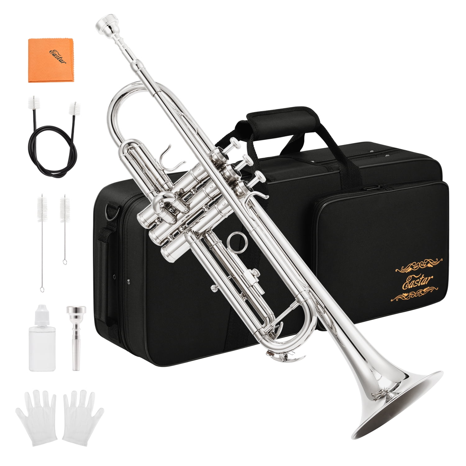 Mowind Trumpet B flat Standard Student Bb Key Brass Gold Lacquer Trumpet with Hard Case 7C Mouthpiece Cleaning Kit Set 