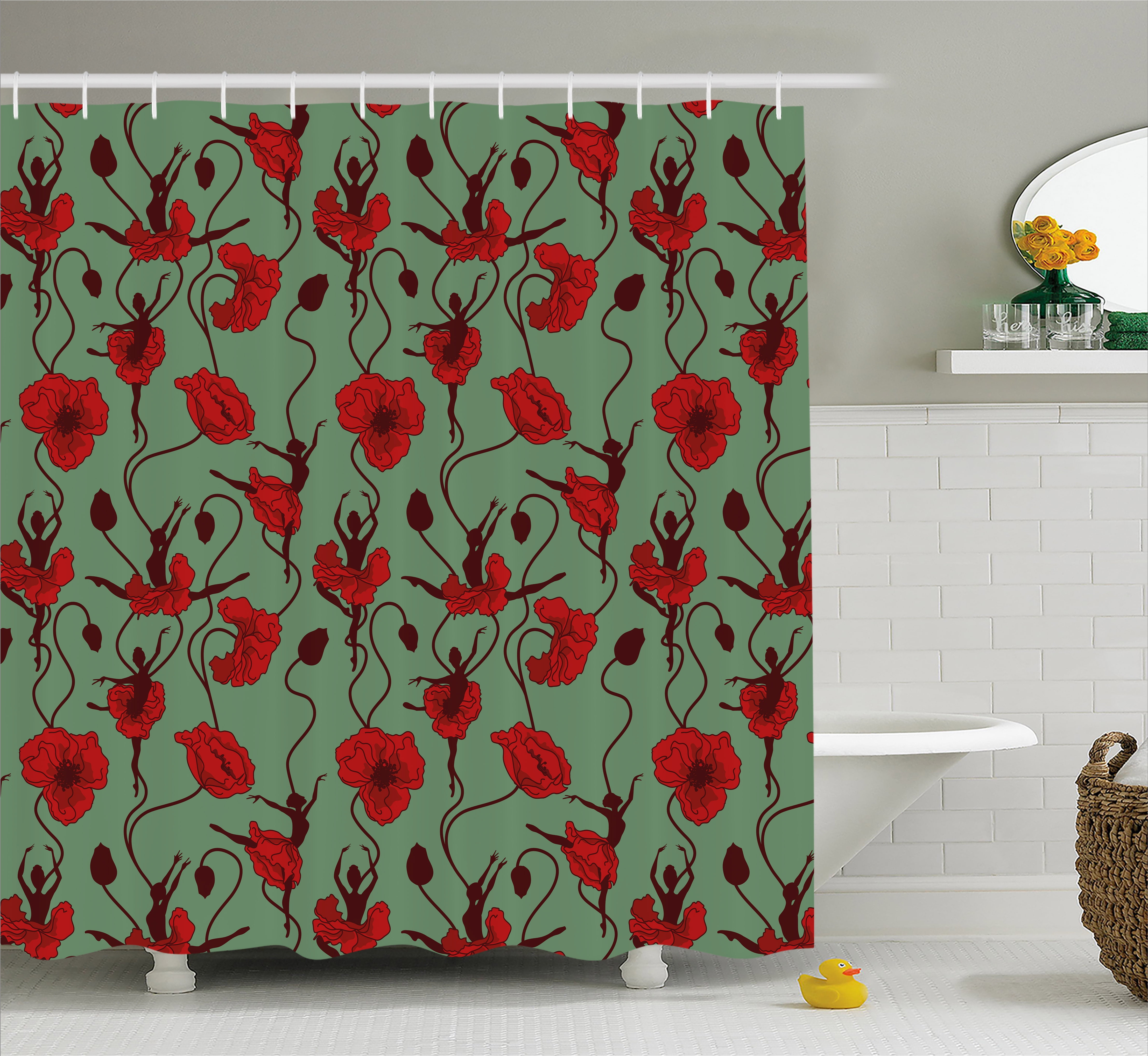 Poppy Shower Curtain, Floral Arrangement With Abstract Ballerina Dance Themed Poppy Shower Curtain, Floral Arrangement With Abstract Ballerina Dance Themed