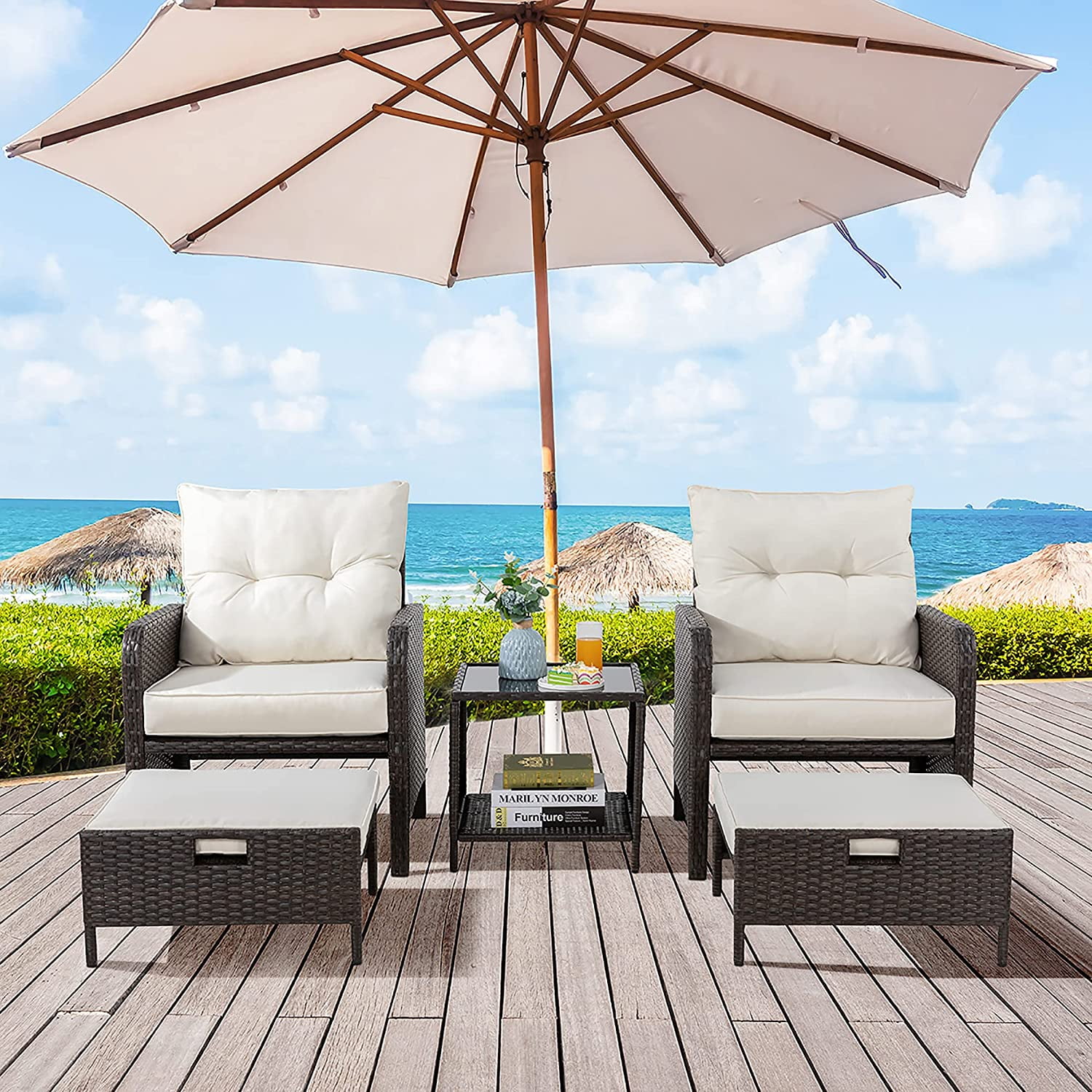 Sobaniilo 5 Piece Modern Patio Set Outdoor PE Wicker Chairs for 2 with Ottoman Beige Walmart