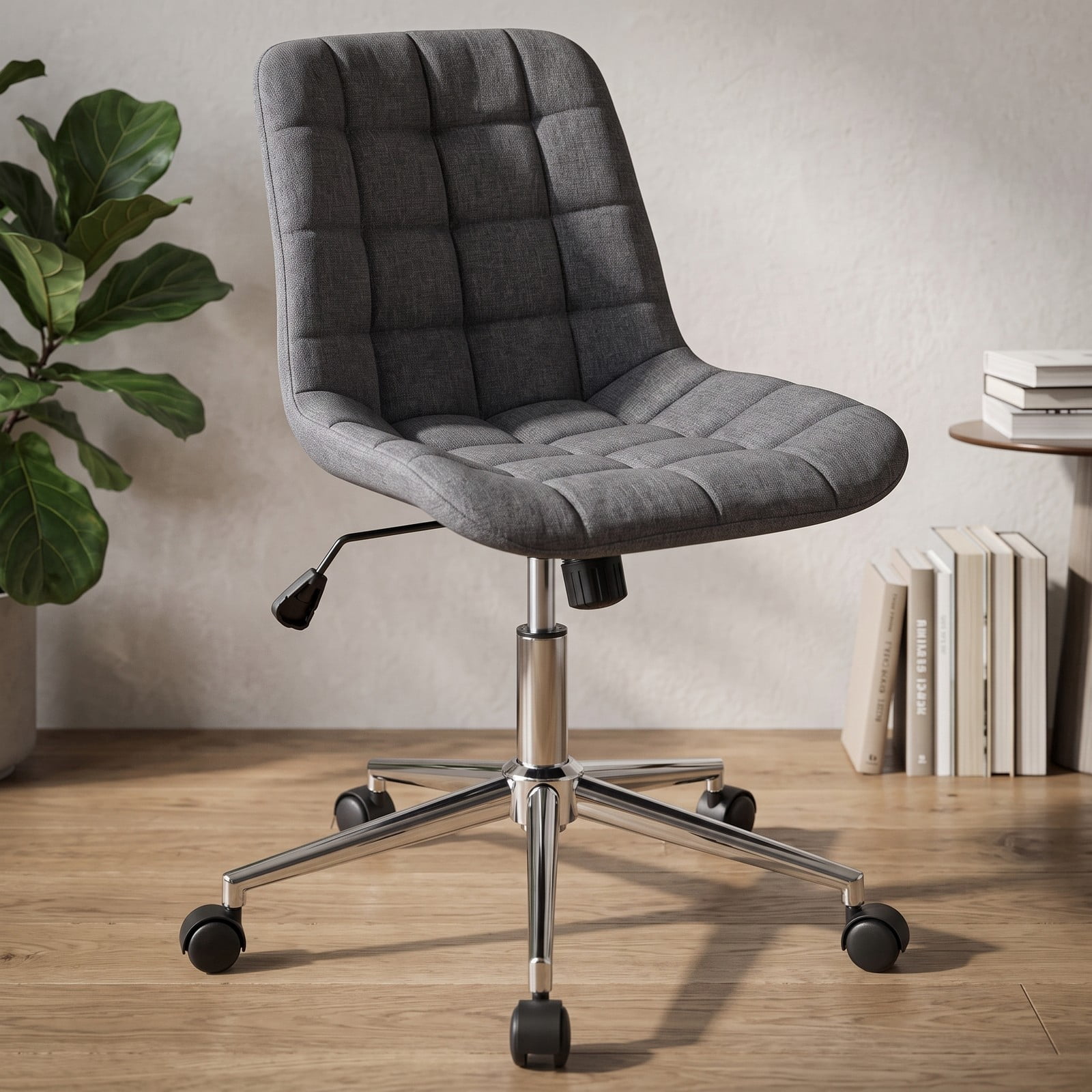 Furnibear Armless Office Chair, Upholstered Makeup Vanity Chair with Adjustable Height, 15° Rocking, Swivel Task Desk Chair with 5 Wheels and Metal Base for Home, Grey