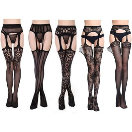 XD4-5 Pairs Women Lingerie Garter Belt Fishnet Stockings Sexy Women Pantyhose Embroidery Transparent Black Tights*04