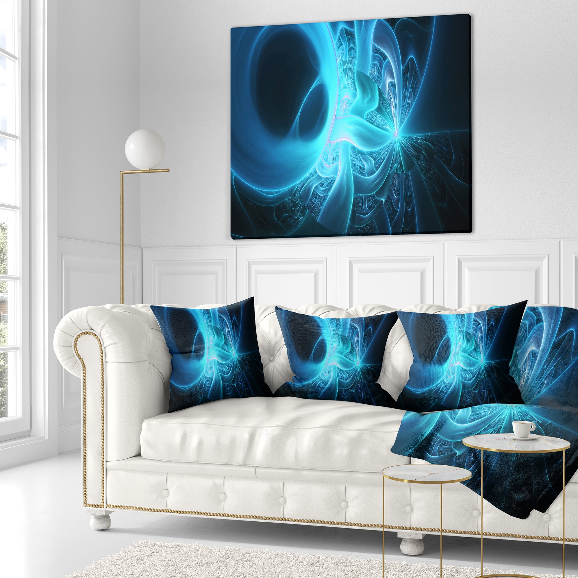 Designart Shining Bright Blue on Black - Abstract Throw Pillow - 18x18