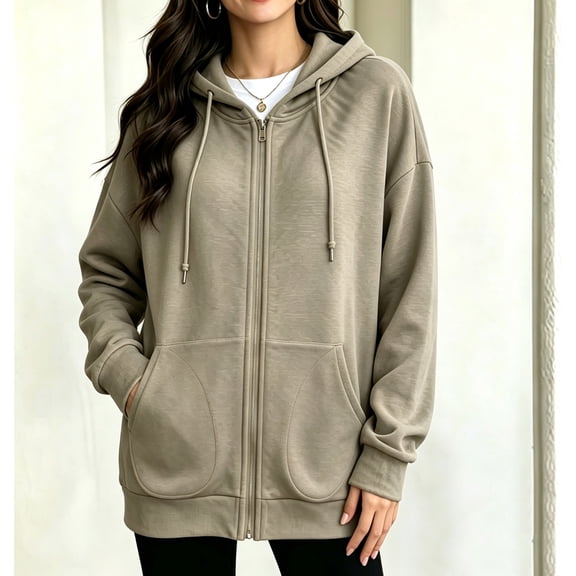 ClodeEU Women's Long Sleeve Zip Up Drawstring Hoodie Jacket,Casual Loose Sweatshirt Coat with Pocket ,Women's Plus L