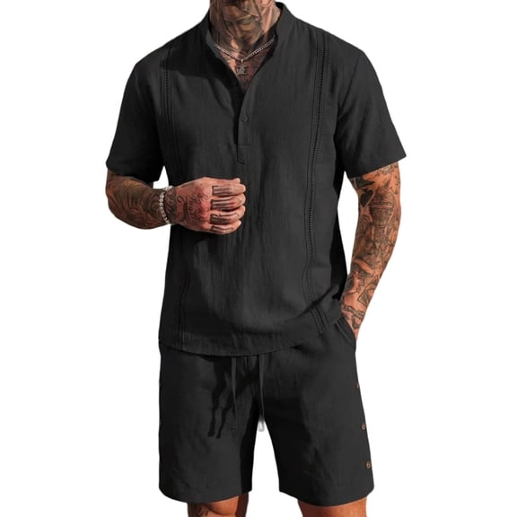 Mrmaere Men's Mock Neck Shirt and Shorts Set Short Sleeve 2 Piece Zipper Closure Dry for Gym Training Black L