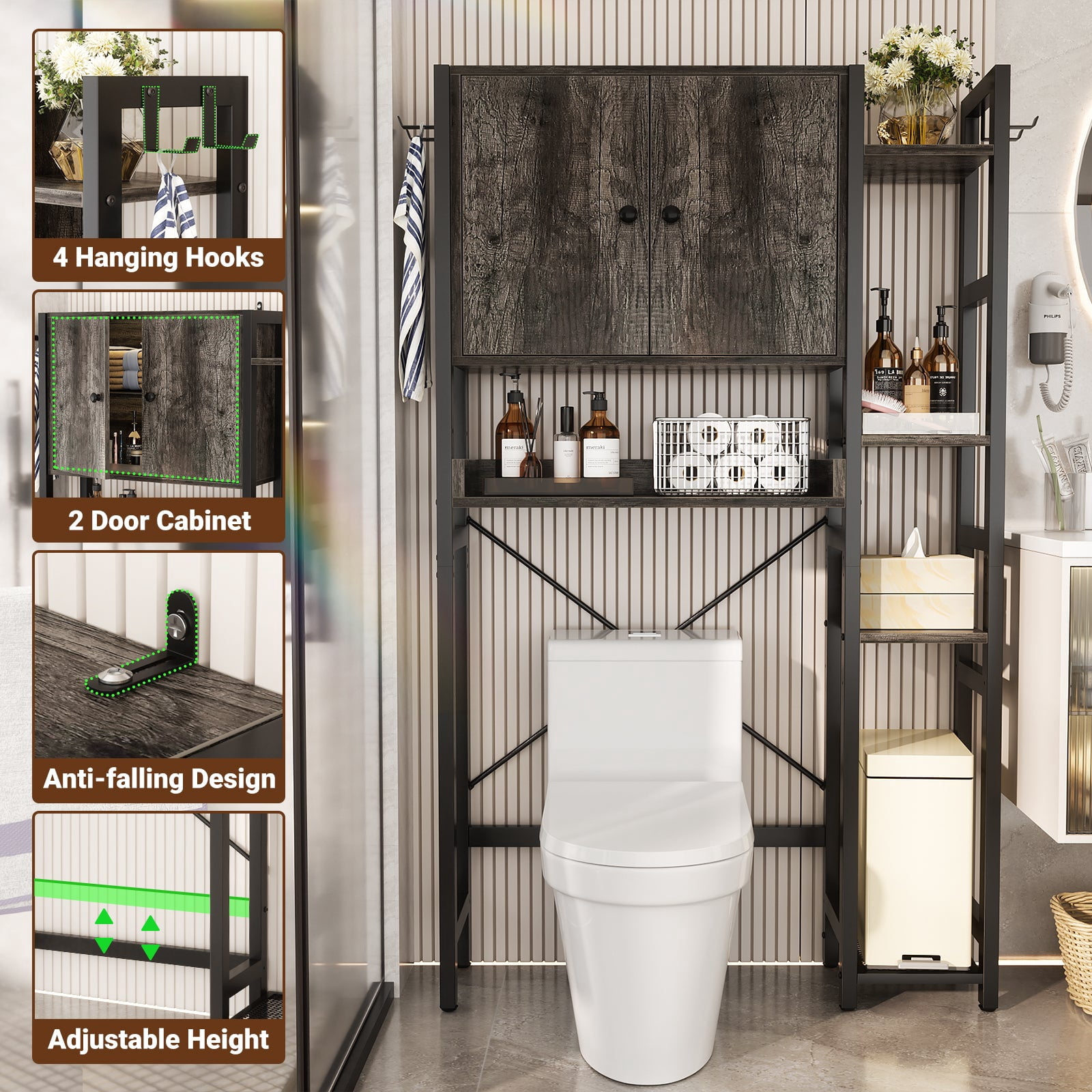 Over The Toilet Storage Cabinet with Doors, Homieasy 7 Tier Bathroom Organizer with Adjustable Shelf and 4 Hooks, Space Saving Rack for Bathroom, Restroom, Laundry