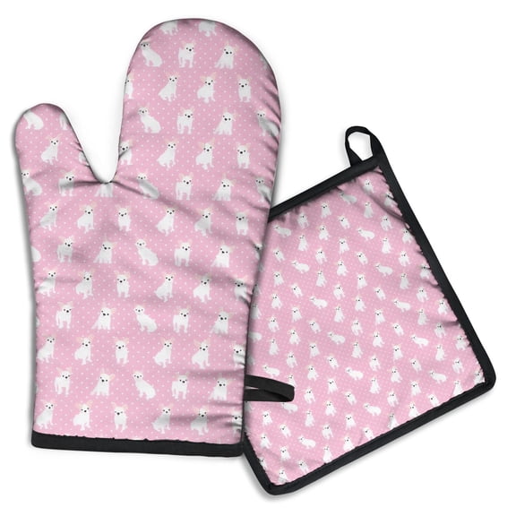 Pink Cute French Bulldogs Kitchen Oven Mitt and Pot Holder Sets 2 Pcs for Baking, Cooking and Grilling, Heat Resistant Up To 392 °F