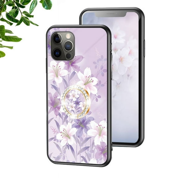 Tech Circle Case for iPhone 13 Pro with Exquisite Glass Back , Floral Flower Pattern, Ring Holder Cute Slim Thin TPU Soft Bumper Protective Cover for iPhone 13 Pro 6.1 inch(purple magnolia)