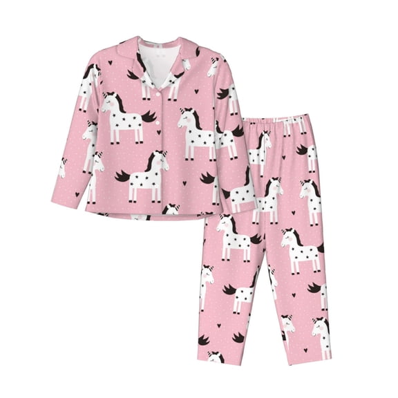 Pajamas for Women Set - Cartoon Cute Horse Pink Comfy Long Sleeve Button Up Pajama Sets for Women 2 Piece, Soft Sleepwear Nightwear Pjs Lounge Sets for Women with Pockets