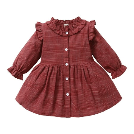 

KIMI BEAR Infant Girls Dress 12 Months Infant Girls Autumn Winter Dress 18 Months Infant Girls Sweet Ruffled Trim Long Sleeve Dress Maroon