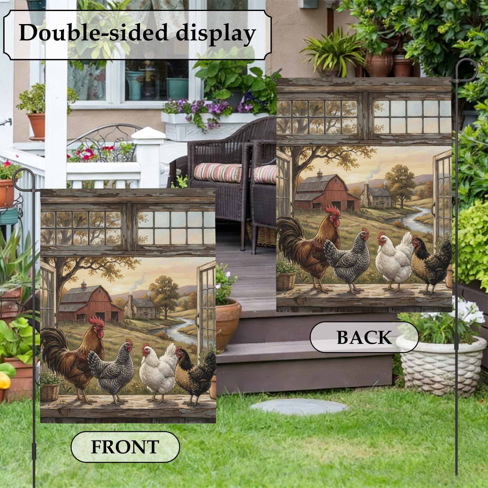 Farm Animals House Flag 28 x 40 Inches, Pastoral Landscape Farmhouse Rooster Hen Chicken Barn Weather Proof Outdoor Patio Flags Double Sided Small House Decoration for Yard Lawn Outside Home