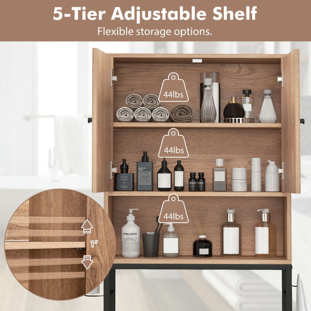 Finihen Toilet Storage Cabinet, Storage Shelf, Over The Toilet Storage Cabinet with 2 Doors and Adjustable Shelf, for Bathroom, Natural