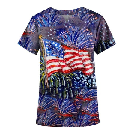 

TKing Fashion Womens Summer Plus Size Independence Day Short Sleeve V-Neck Printed Tops Scrub Nursing Working Uniform T-Shirt with Pocket Blue 4XL