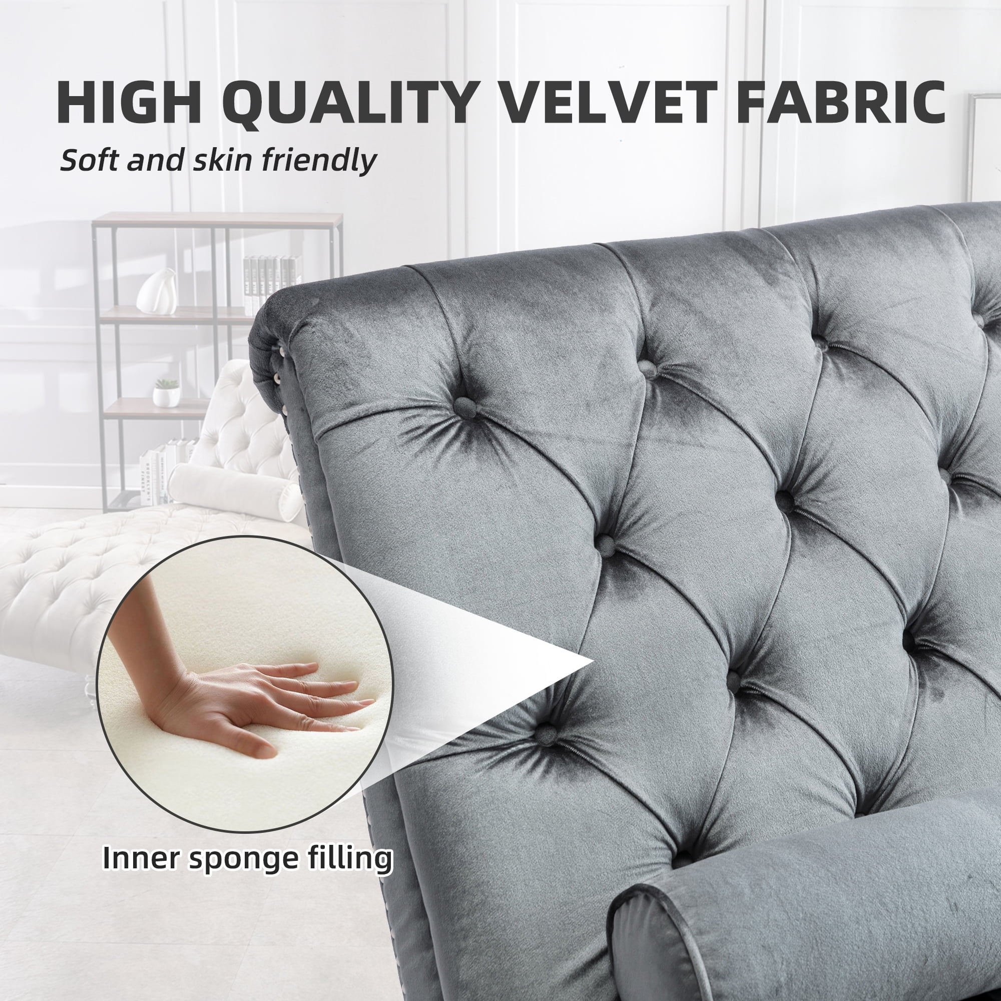 MOONMISS Velvet Chaise Lounge Chair Button Tufted Upholstered with Pillow Indoor