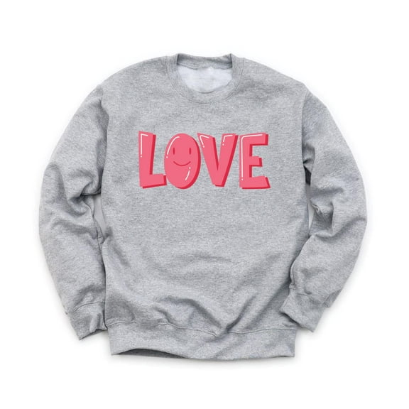 Love Valentine's Day Unisex Gray Sweatshirt Pink Bubble Heart Smiley Design Holiday Sweater