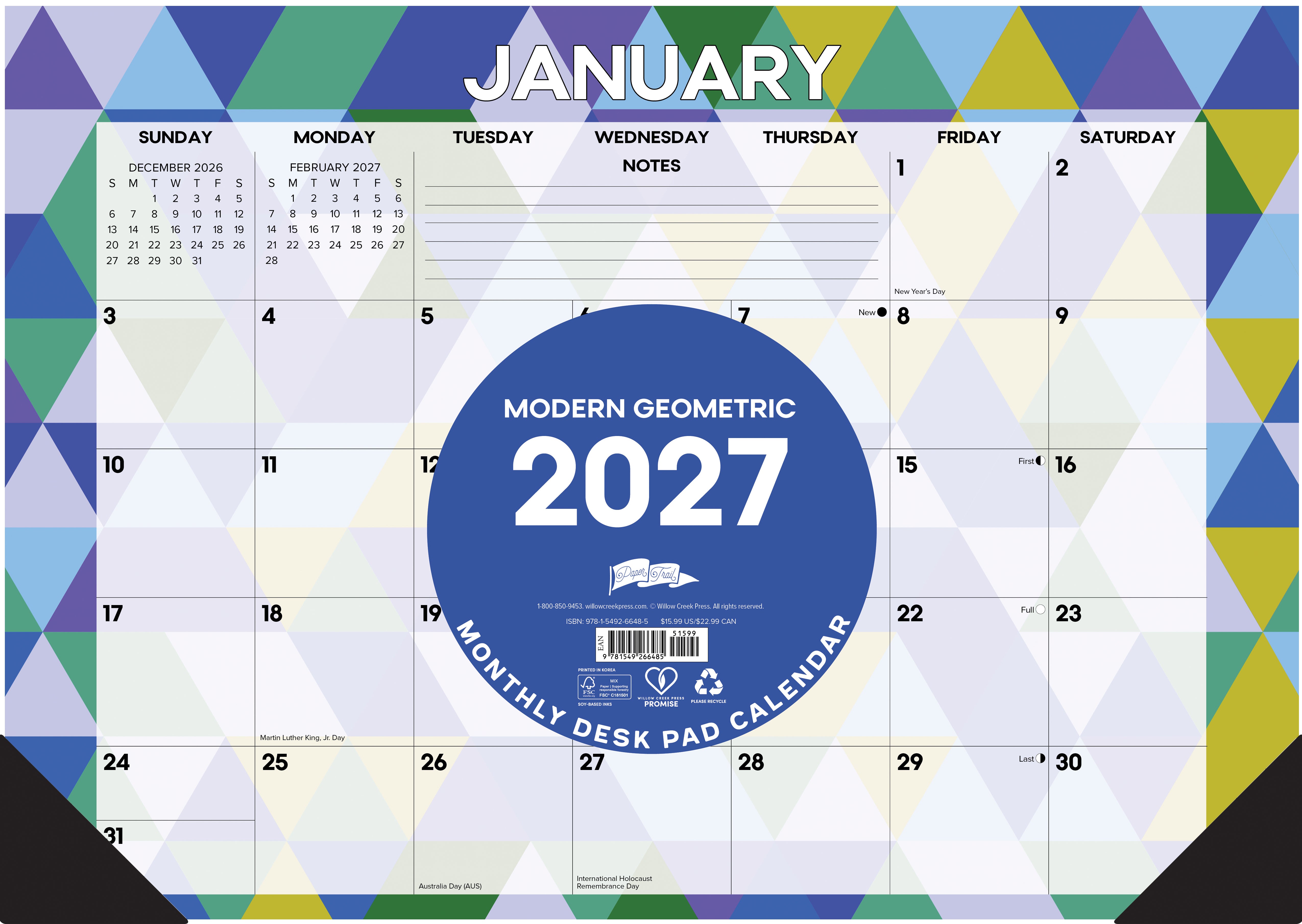 Willow Creek Press Modern Geometric 2027 17" x 12" Small Monthly Deskpad (66485)