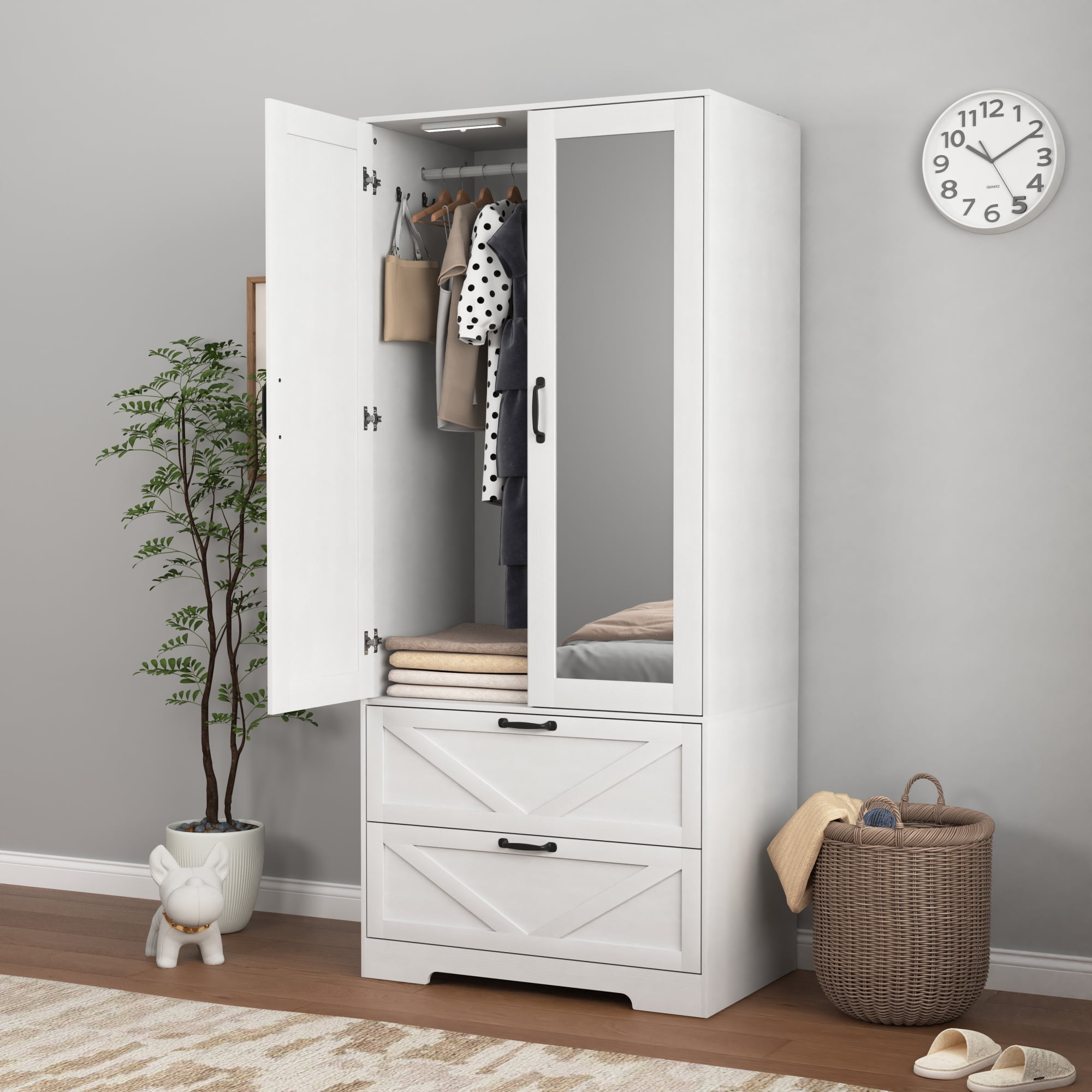72" Tall 2 Doors Armoire Wardrobe Closet with 2 Drawers and Mirror, Multifunctional Wooden Wardrobe Storage Cabinet with Induction Light for Bedroom,White